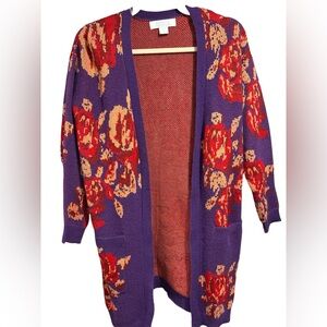 Bunulu Resort Wear Floral Knit Open Cardigan - Purple and Red Size Medium
